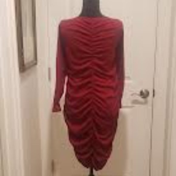 REDUCED! Long Sleeve Cranberry/Wine Color Knee Length Shirred Dress Sz 2x - Picture 2 of 2